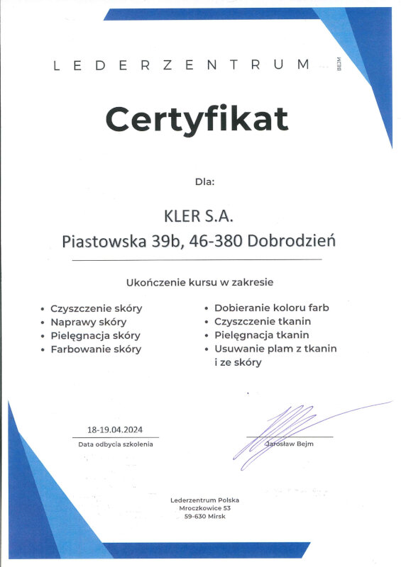 Certyfikat szkolenia dla KLER S.A. z zakresu czyszczenia i pielęgnacji tapicerki